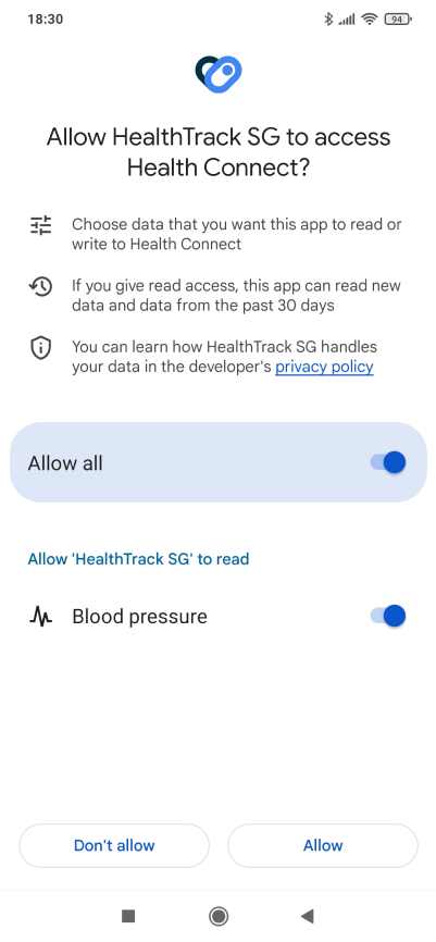 a screenshot of an app that says allow omron connect to access health connect